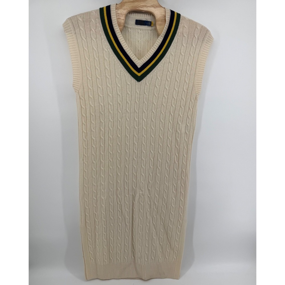 Polo Ralph Lauren Sweater Dress Womens L Cream Cable Knit Cricket V-Neck Striped